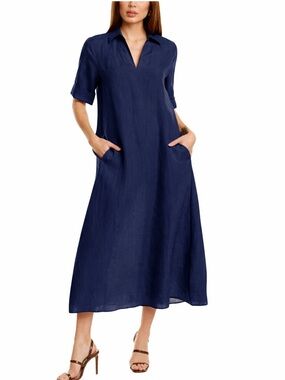 Lafayette 148 New York Linen Popover Midi Dress Navy 100% linen size medium